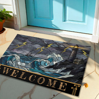 Felpudo Faro, barco, alfombrilla de mar tormentoso, arte v