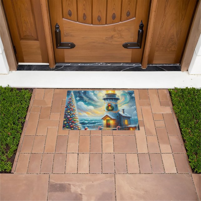 Felpudo Faro de árbol de navidad azul costero náutico (Exterior)