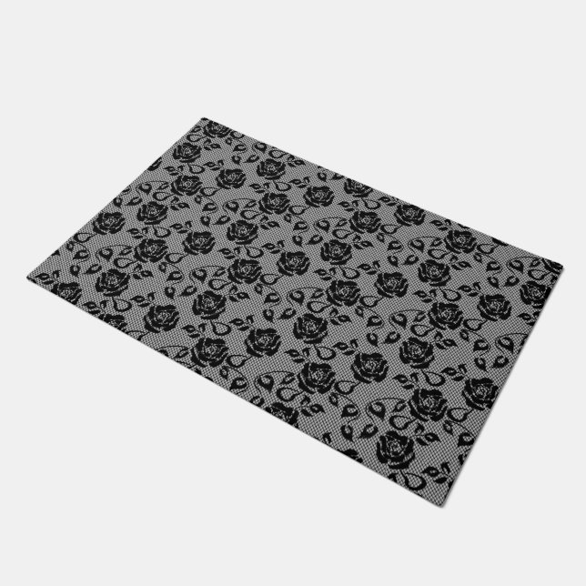 Felpudo Faux Black Lace Rosa Fishnet Doormat (Angular)