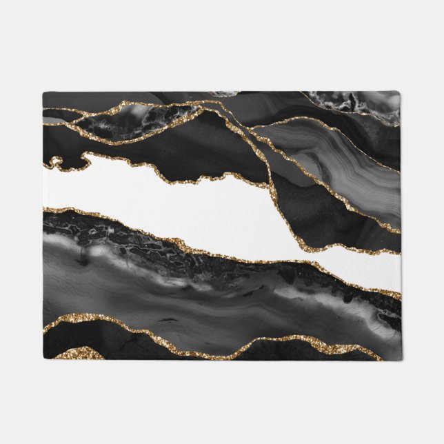 Felpudo Faux Marled Agate Black Stylish Stone Luxury Gold (Anverso)