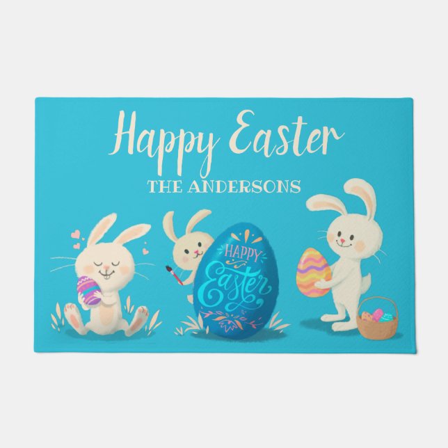 Felpudo Felices conejitas de Pascua y Huevos de Pascua Per (Anverso)