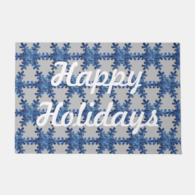 Felpudo Felices fiestas Blue Hydrangea Snowflake Dote Mat (Anverso)