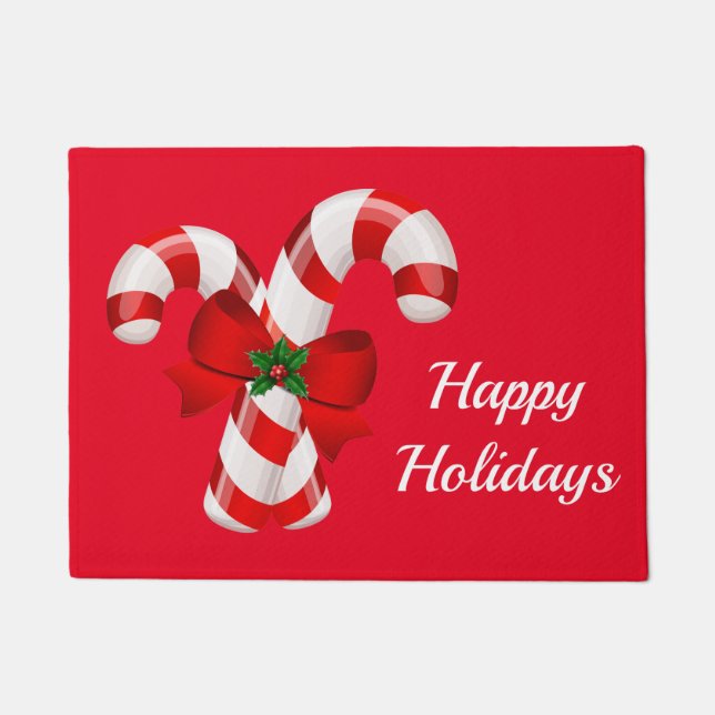 Felpudo Felices fiestas Candy Canes Navidades Doormat (Anverso)