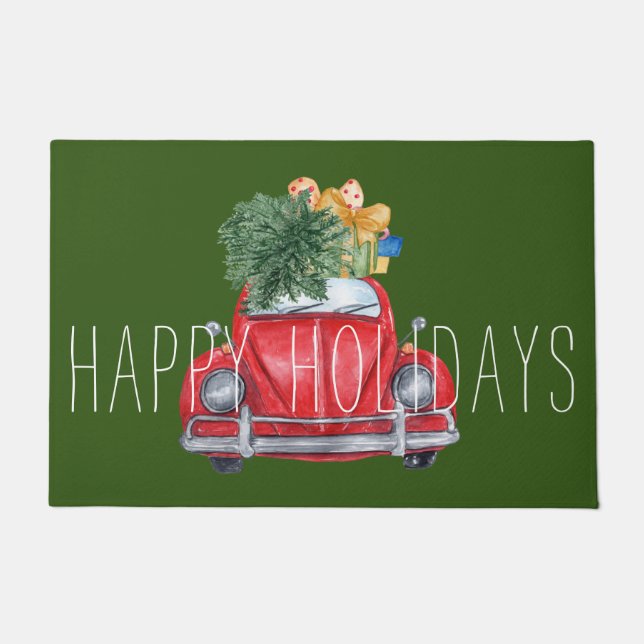 Felpudo Felices Fiestas Coche Rojo Personalizable   (Anverso)