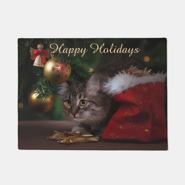 Felpudo Felices Fiestas Hermoso Gato (Anverso)