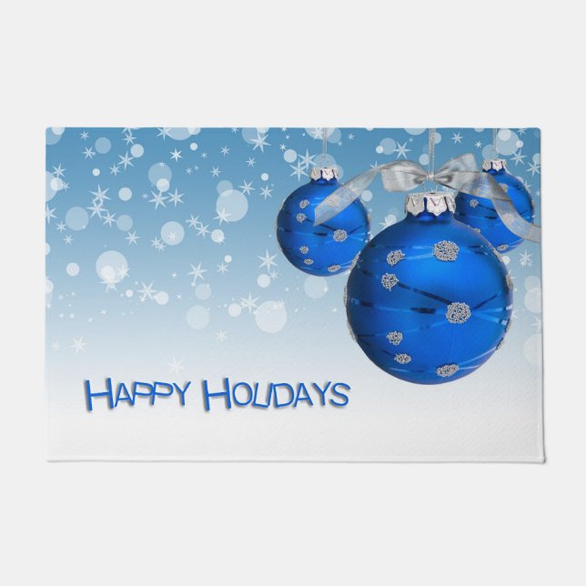 Felpudo Felices Fiestas Ornamentos Azules (Anverso)