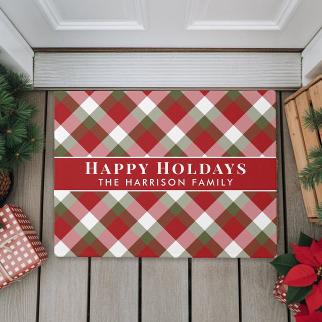 Felpudo Felices Fiestas Plaid de Navidad (Happy Holidays Christmas Plaid Doormat)