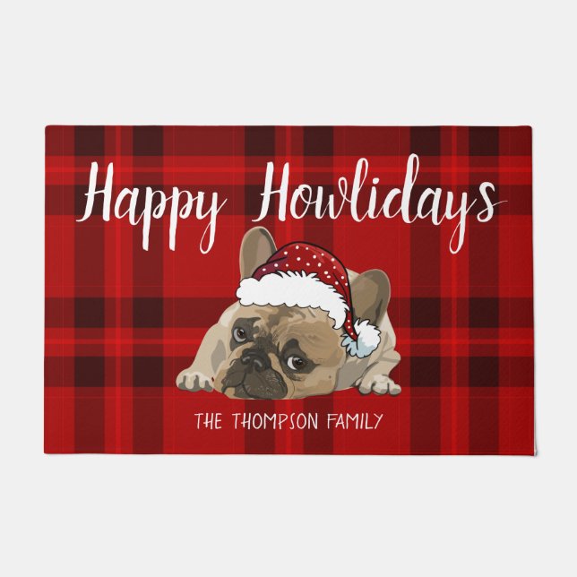 Felpudo Felices Howlidays Navidades divertidos bulldog fra (Anverso)