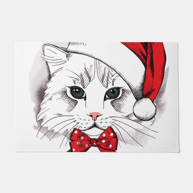 Felpudo Felices Navidad del gato blanco lindo (Anverso)