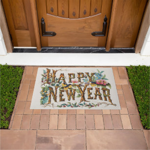 Felpudo Feliz Año Nuevo en troncos de árboles, bellotas y 