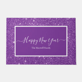 Felpudo Feliz Año Nuevo purpurina púrpura nombre de famili