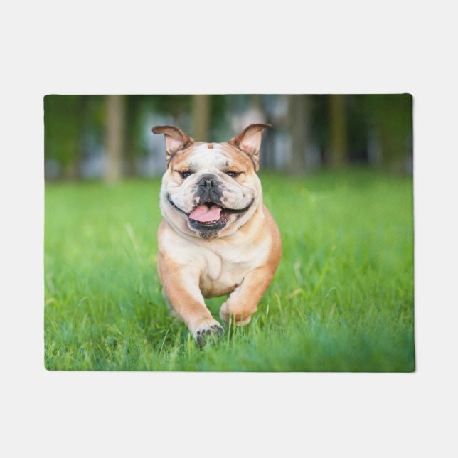 Felpudo Feliz Bulldog corriendo Doormat (Anverso)