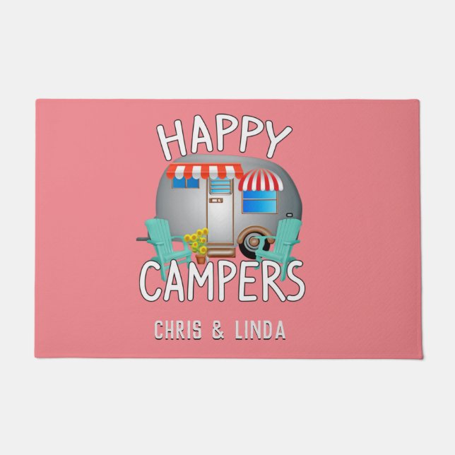 Felpudo Feliz campista| Bienvenida del Camper Rosa (Anverso)