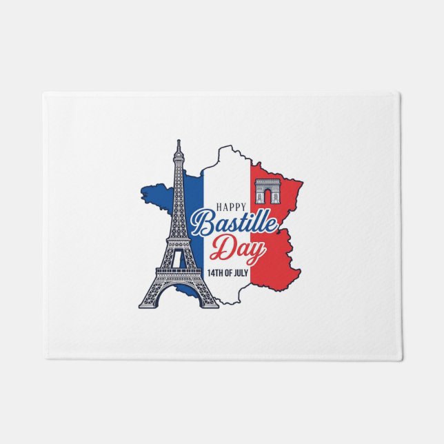 Felpudo Feliz Día de la Bastilla Francia Mapa Torre Eiffel (Anverso)