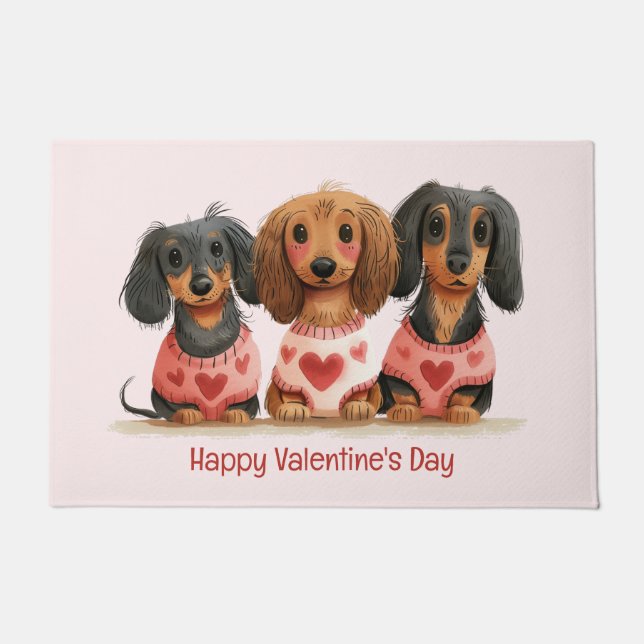 Felpudo Feliz Día de San Valentín a los perros Dachshund (Anverso)
