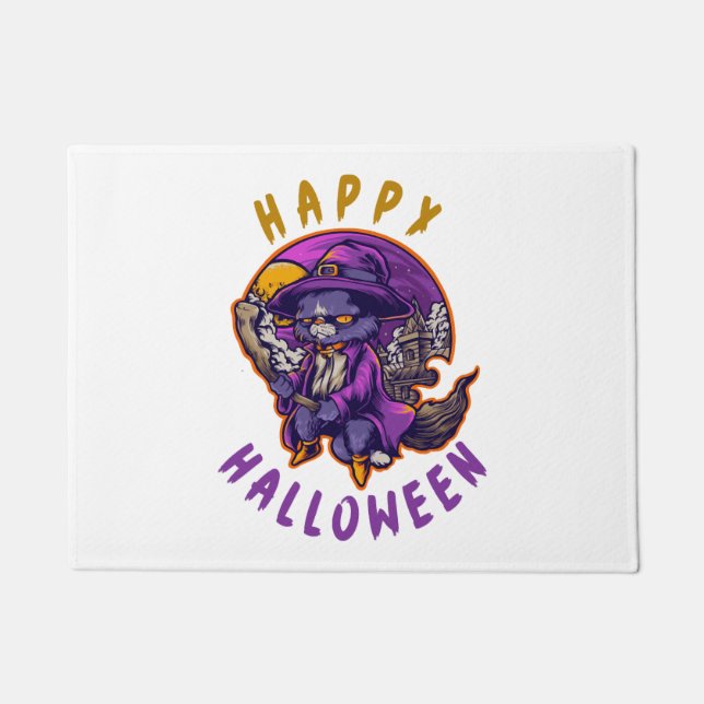Felpudo Feliz Gato de Brujas de Halloween (Anverso)