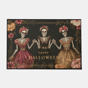 Felpudo Feliz Halloween Bailarines de Esqueleto con Flores