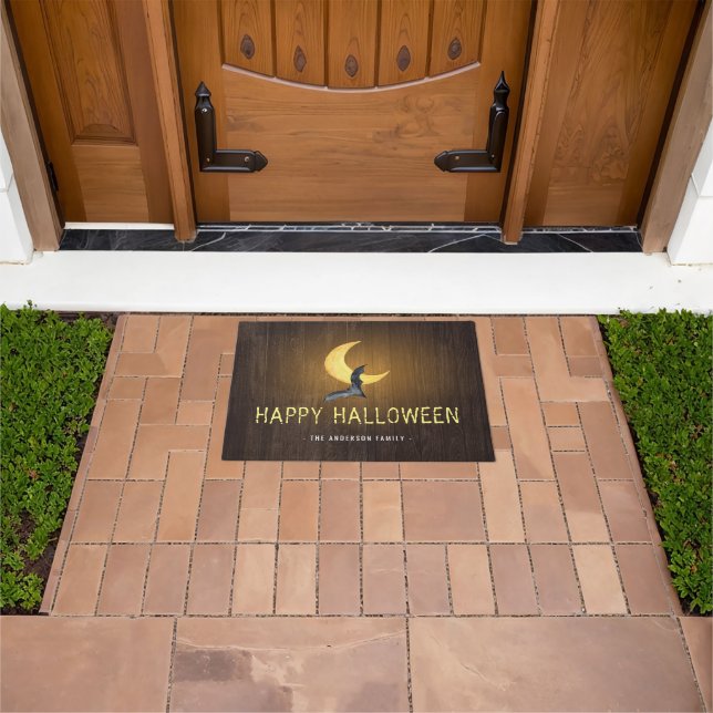Felpudo Feliz Halloween Bat & Moon Rustic Background (Exterior)