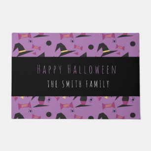 Felpudo Feliz Halloween Bruja Patrón de Caramelo Nombre Al