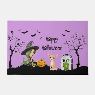 Felpudo Feliz Halloween Chihuahua Y Bruja Cuta