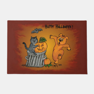 Felpudo Feliz Halloween con gatos, perro y araña