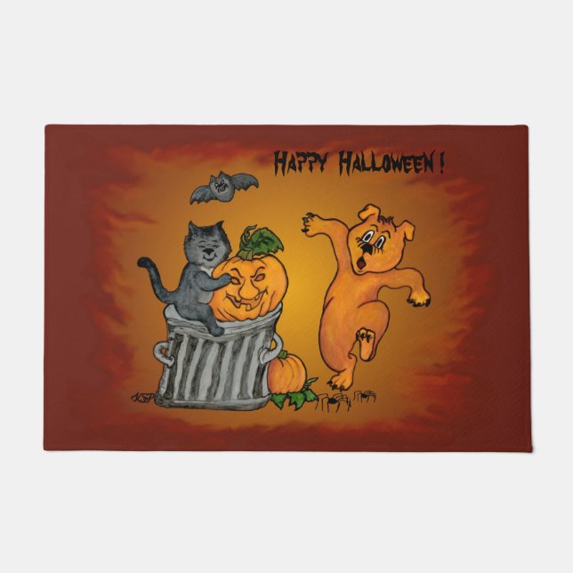 Felpudo Feliz Halloween con gatos, perro y araña (Anverso)