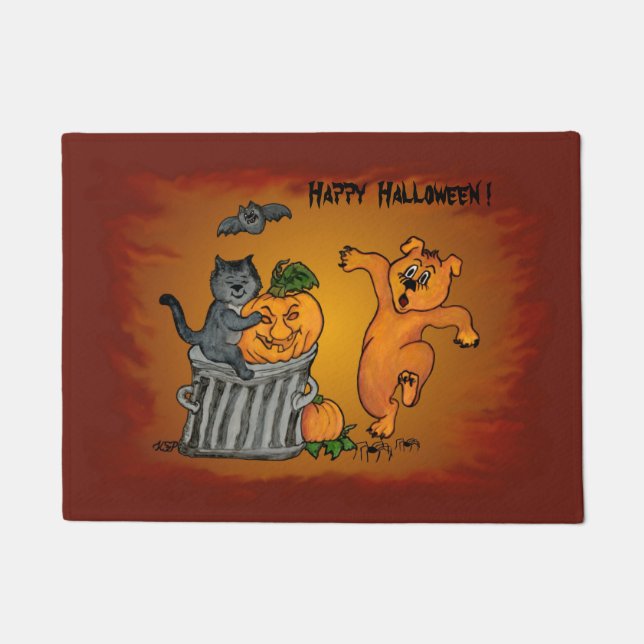 Felpudo Feliz Halloween con gatos, perro y araña (Anverso)