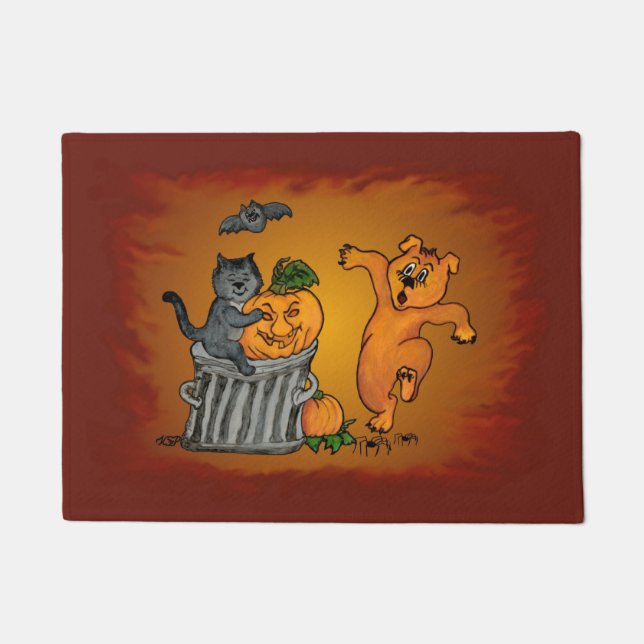 Felpudo Feliz Halloween con gatos, perro y araña (Anverso)