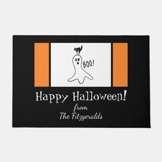 Felpudo Feliz Halloween Familia Cita Fantasma, Gato Negro (Anverso)