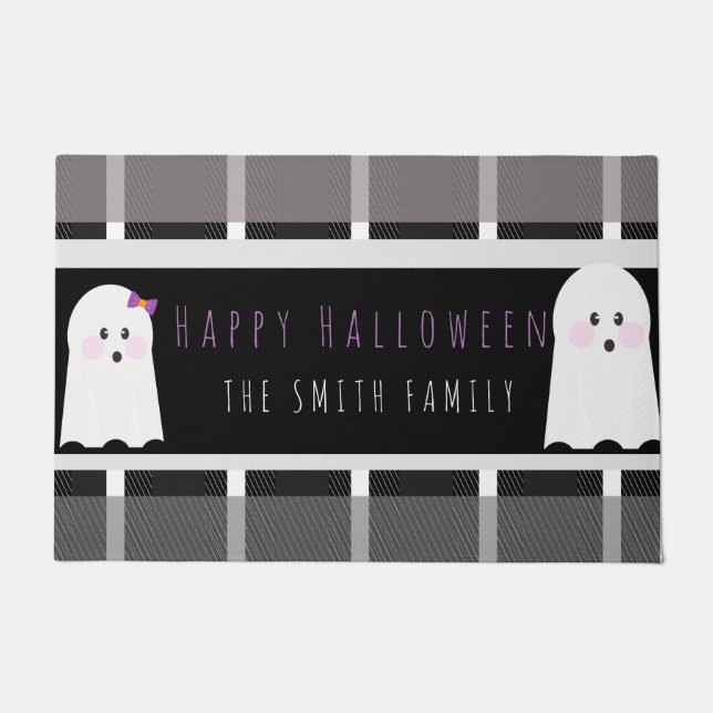 Felpudo Feliz Halloween Ghost Plaid Pattern Name Doormat (Anverso)