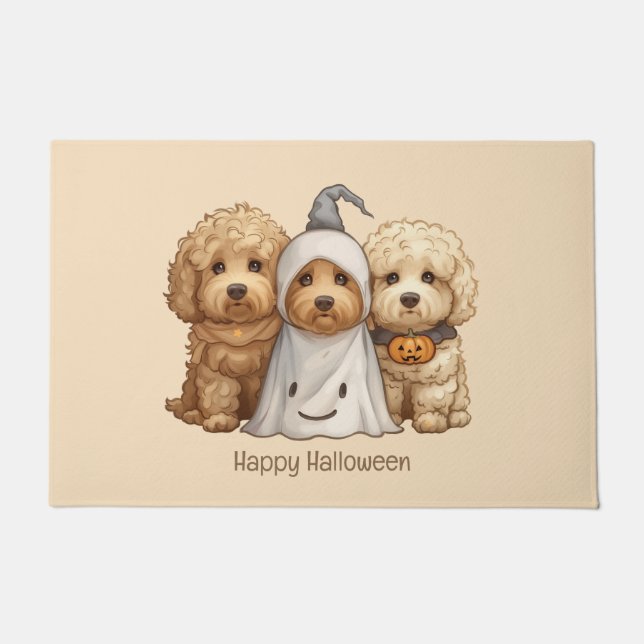 Felpudo Feliz Halloween Goldendoodle Dogs (Anverso)