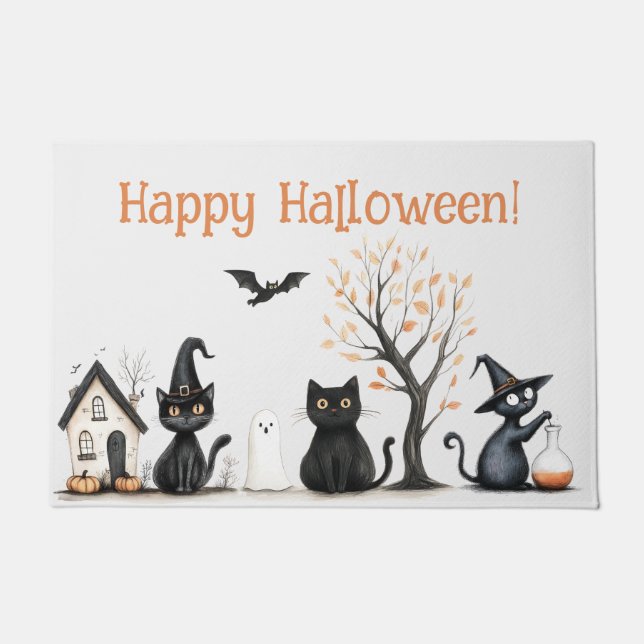Felpudo "Feliz Halloween" lindo gatos negros (Anverso)