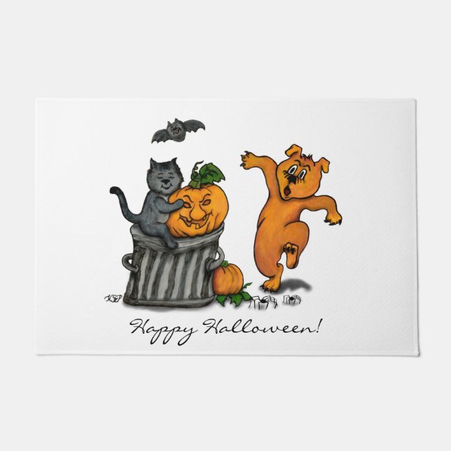 Felpudo ¡Feliz Halloween! Perro de gato y araña (Anverso)