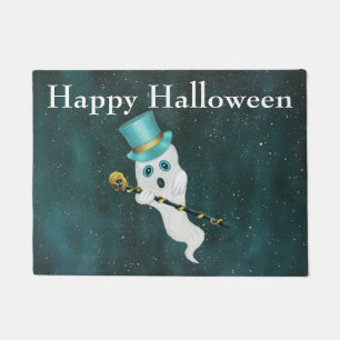 Felpudo Feliz Halloween vestido con sombrero de ghost supe