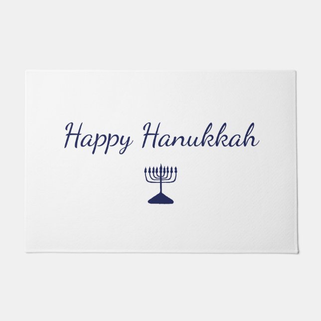Felpudo Feliz Hanukkah Mano Simple Dibujada Menorah Azul (Anverso)