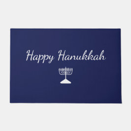 Felpudo Feliz Hanukkah Mano simple dibujada Menorah Blue