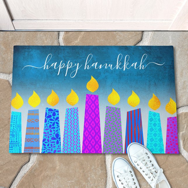 Felpudo Feliz Hanukkah Script moderno Boho Candle Turquois (Subido por el creador)