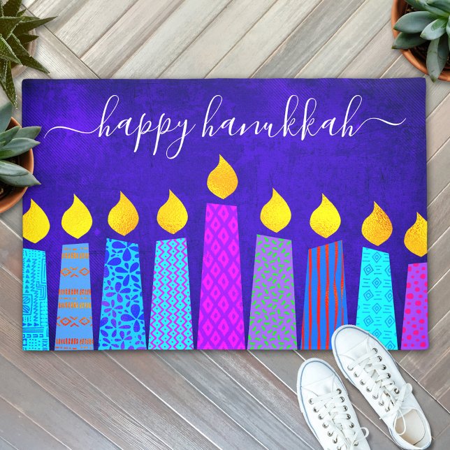 Felpudo Feliz Hanukkah Script moderno Boho Candles en azul (Subido por el creador)