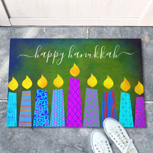 Felpudo Feliz Hanukkah Script moderno Boho velas en verde