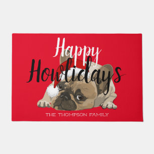 Felpudo Feliz Howlidays Cute bulldog francés divertido roj