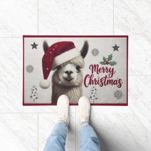 Felpudo Feliz Llama navideña con Santa Hat, Navidad Llama