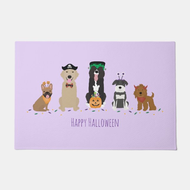 Felpudo Feliz morado de perros de Halloween (Anverso)