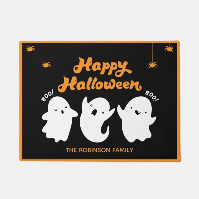 Felpudo Feliz Naranja de Halloween Negro Fantasma Monogram (Anverso)