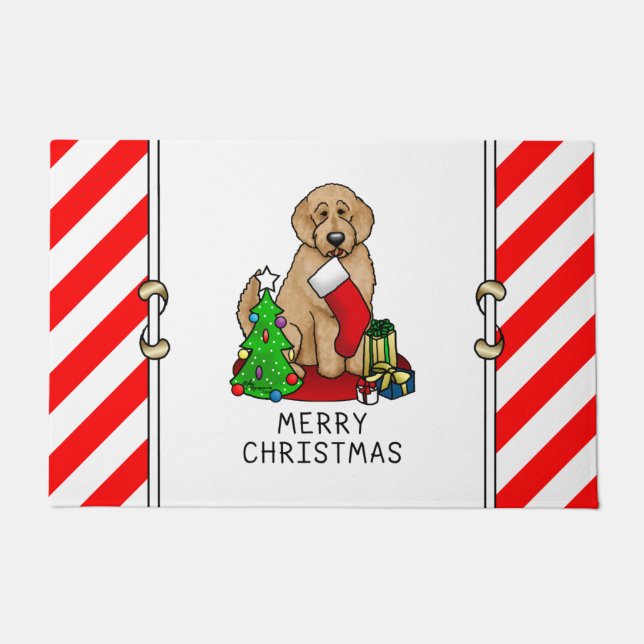 Felpudo Feliz Navidad 2 Goldendoodle (rojo dorado) Cute (Anverso)