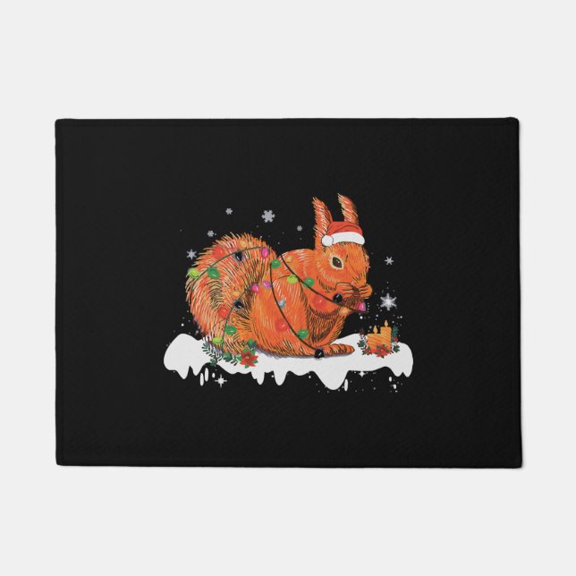 Felpudo Feliz Navidad ardilla Nochebuena Ornamentos Luces  (Anverso)