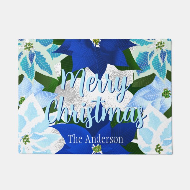 Felpudo Feliz Navidad Azul Poinsettias Doormat (Anverso)