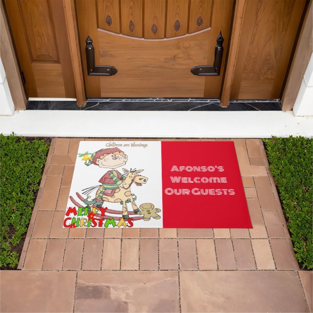 Felpudo Feliz Navidad Bendiciones Red Elf Matt Doormat (Exterior)