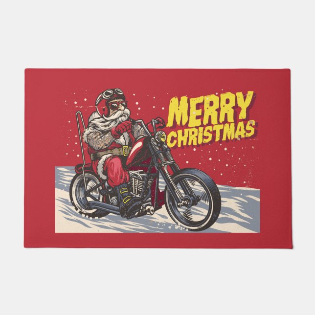 Felpudo Feliz Navidad Biker Santa Alfombrilla (Anverso)