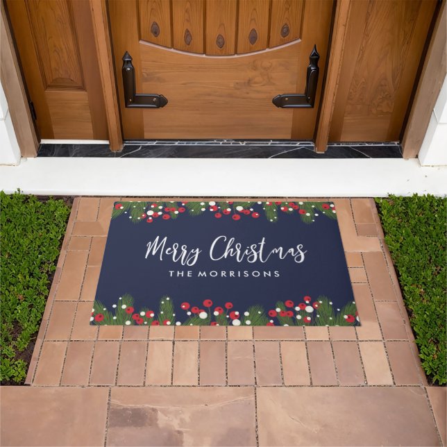 Felpudo Feliz Navidad Botánica Pine & Berry Personalizado  (Exterior)