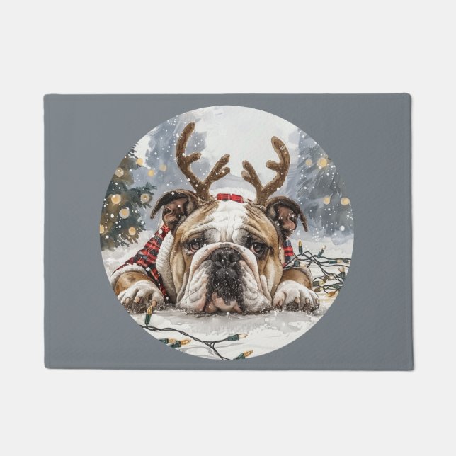 Felpudo Feliz Navidad Bulldog inglés reno (Anverso)